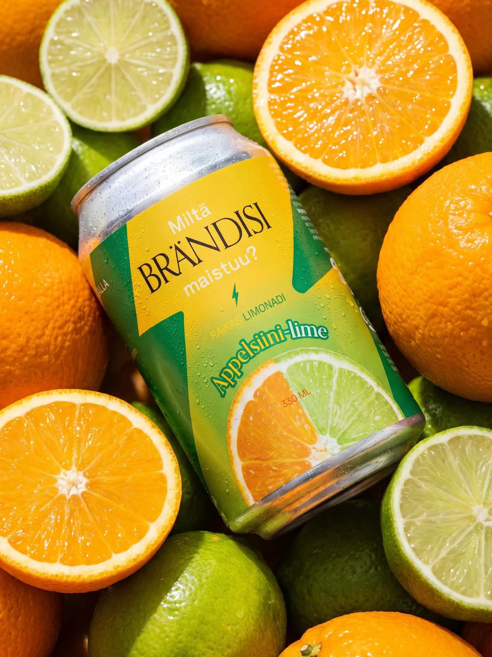 Appelsiini-limelimu omalla logolla 330 ml – tölkin ilme-esimerkki